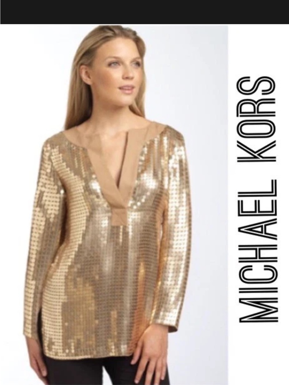 Michael Kors Gold Sequin V-Neck Tunic Top